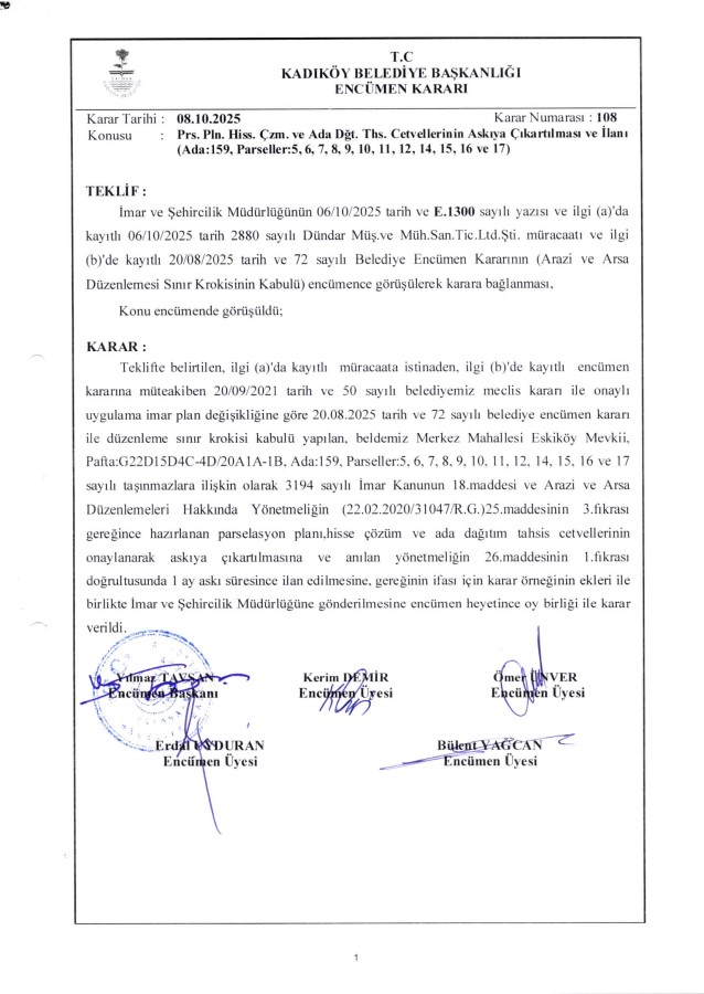 10.10.2025 - 108 - Prs. Planı Hiss. Çözüm ve Ada Dğt. Ths. Ctv.'nin Askıya Çıkarılması ve ilanı Hk. (Ada:159, Parseller: 5,6,7,8,9,10,11,12,14,15,16 ve 17)