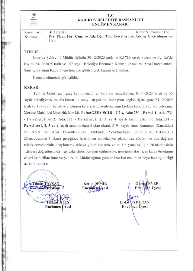 31.12.2025 - 160 - Prs. Planı Hiss. Çözüm ve Ada Dğt. Ths. Ctv.'nin Askıya Çıkarılması ve ilanı Hk. (Ada/Parseller:730-1 / 731-1ve2 / 733-1,2,3ve4 / 734-1,2,3,ve4)