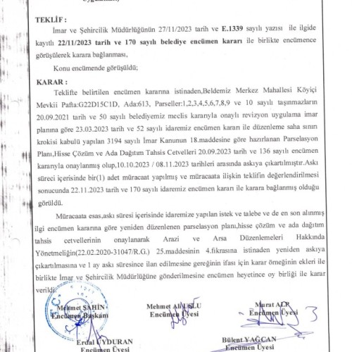 07.12.2023 - 175 - Yeniden Düzenlenen Prs. Pln. İkinci Defa Askıya Çıkarılması ve ilanı Hk. (Ada/Parseller: 613/ 1,2,3,4,S,6,7,8,9 ve 10)