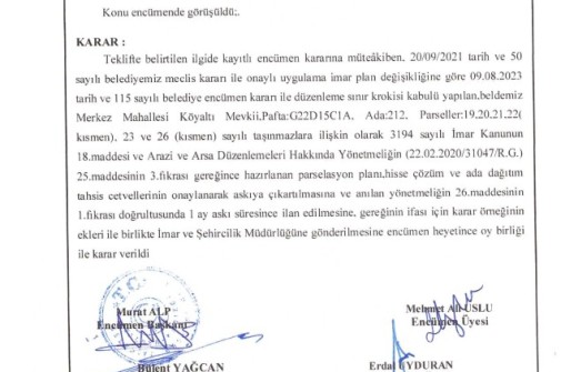 19.02.2024 - 25 - Prs. Planı Hiss. Çözüm ve Ada Dğt. Ths. Ctv.'nin Askıya Çıkarılması ve ilanı Hk. (Ada/Parseller: 212_19-20-21-22-23-26)