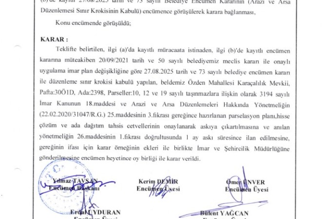 10.10.2025 - 109 - Prs. Planı Hiss. Çözüm ve Ada Dğt. Ths. Ctv.'nin Askıya Çıkarılması ve ilanı Hk. (Ada:2398, Parseller: 10,12 ve 19 sayılı)