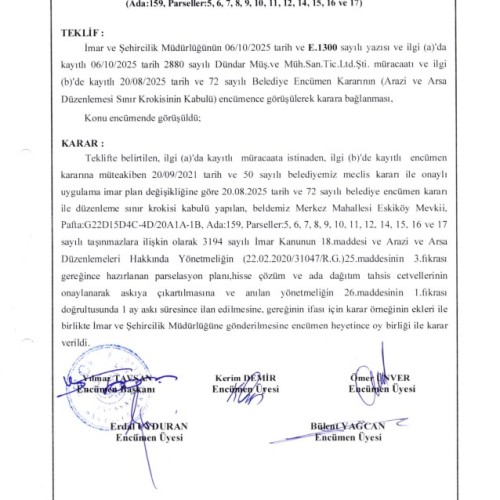 10.10.2025 - 108 - Prs. Planı Hiss. Çözüm ve Ada Dğt. Ths. Ctv.'nin Askıya Çıkarılması ve ilanı Hk. (Ada:159, Parseller: 5,6,7,8,9,10,11,12,14,15,16 ve 17)