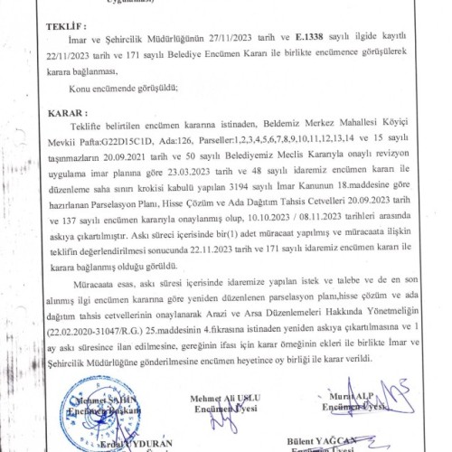 07.12.2023 - 174 - Yeniden Düzenlenen Prs. Pln. İkinci Defa Askıya Çıkarılması ve ilanı Hk. (Ada/Parseller: 126/ 1,2,3,4,S,6,7,8,9,10,11,12,13,14 ve15)