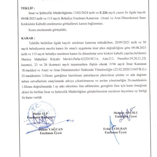 19.02.2024 - 25 - Prs. Planı Hiss. Çözüm ve Ada Dğt. Ths. Ctv.'nin Askıya Çıkarılması ve ilanı Hk. (Ada/Parseller: 212_19-20-21-22-23-26)