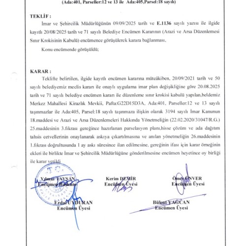 10.09.2025 - 87 - Prs. Planı Hiss. Çözüm ve Ada Dğt. Ths. Ctv.'nin Askıya Çıkarılması ve ilanı Hk. (Ada:401, Parseller: 12 ve 13 ile Ada:405, Parsel:18 sayılı)