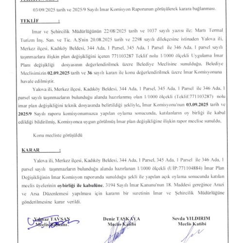 09.09.2025 - 41 - 344 Ada 1 Parsel, 345 Ada 1 Parsel, 346 Ada 1 Parsel İmar Plan Değişikliği Askıya Çıkarılması ve ilanı Hk.