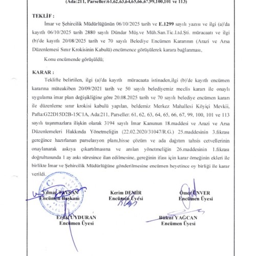 10.10.2025 - 107 - Prs. Planı Hiss. Çözüm ve Ada Dğt. Ths. Ctv.'nin Askıya Çıkarılması ve ilanı Hk. (Ada:211, Parseller: 61,62,63,64,65,66,67,99,100,101 ve 113)
