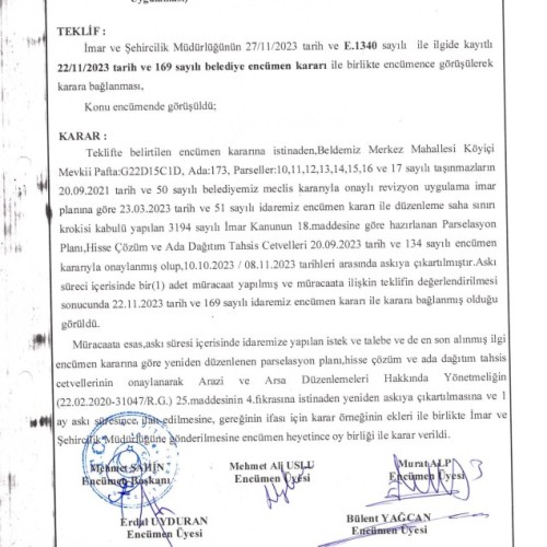 07.12.2023 - 176 - Yeniden Düzenlenen Prs. Pln. İkinci Defa Askıya Çıkarılması ve ilanı Hk. (Ada/Parseller: 173/ 10,11,12,13,14,15,16, ve 17)