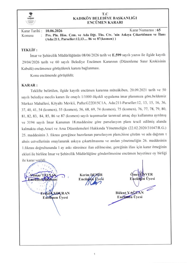 10.06.2026 - 65 - Prs. Planı Hiss. Çözüm ve Ada Dğt. Ths. Ctv.'nin Askıya Çıkarılması ve ilanı Hk. (Ada:211 Parseller:12,13.....86,87 (Kısmen))