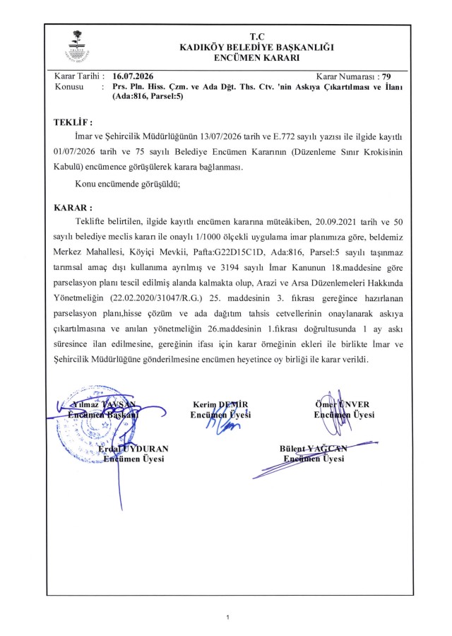 16.07.2026 - 79 - Prs. Planı Hiss. Çözüm ve Ada Dğt. Ths. Ctv.'nin Askıya Çıkarılması ve ilanı Hk. (Ada:816, Parsel: 5)