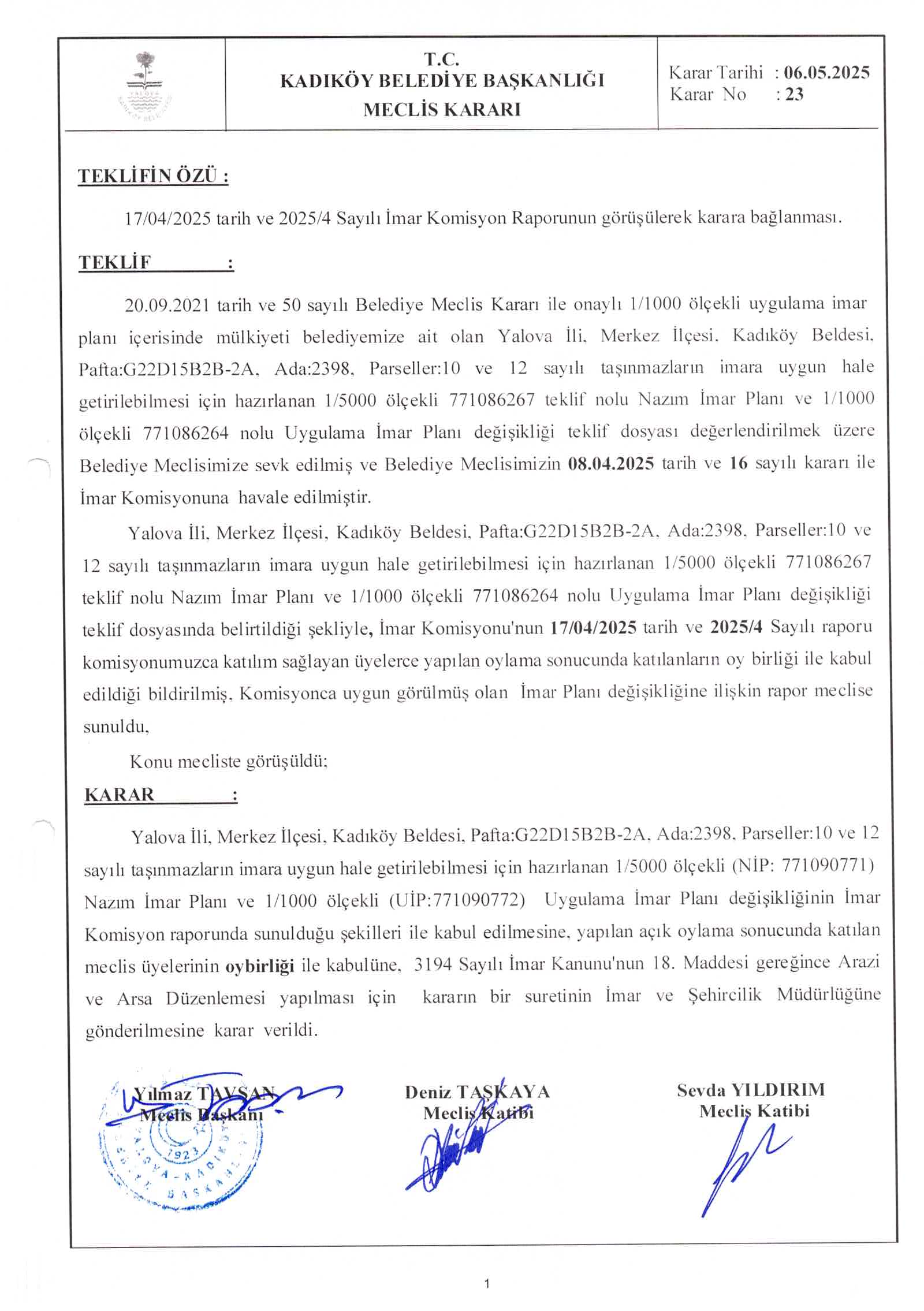 22.05.2025 - 23 - İmar Plan Değişikliği Askıya Çıkarılması ve ilanı Hk.